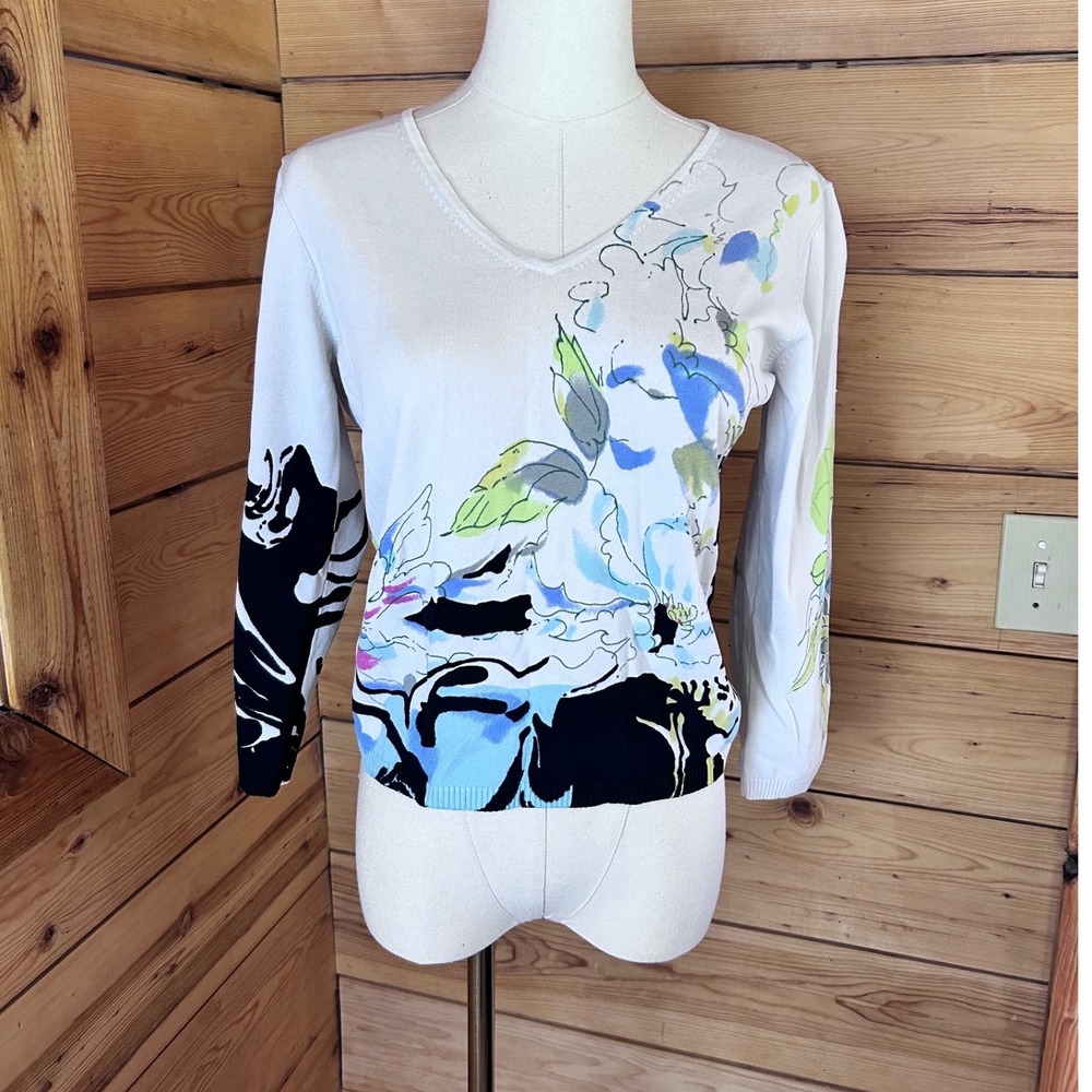 V-neck Abstract Floral Swirl Graphic Print Sweater Womens Small White Spanner